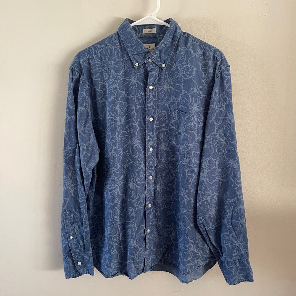 J. Crew Mens Large L Slim Fit Linen Blue Hibiscus Floral Button Up Shirt Faded